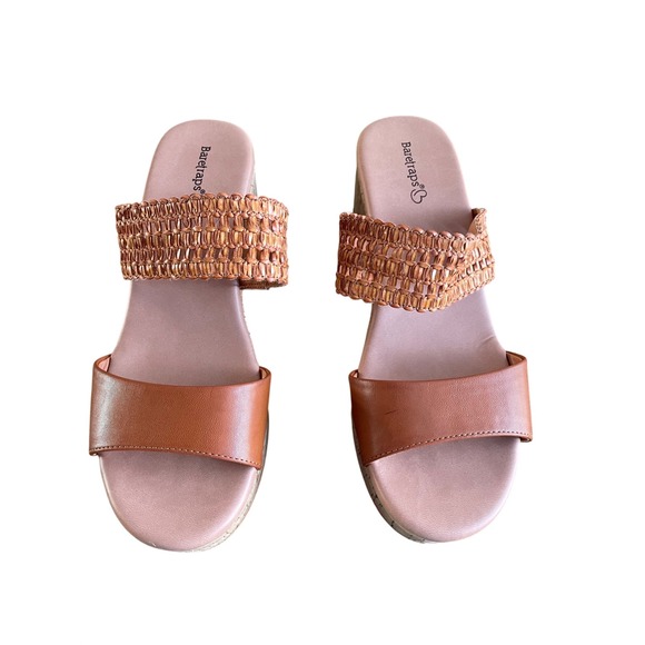 BareTraps Shoes - Baretraps Womens Brown Woven Strap Cork Platform Block Heel Slide Sandals Size 8